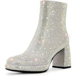 Women's Chunky Block Heeled Sparkly Glitter Rhinestone Booties Silver Shoes